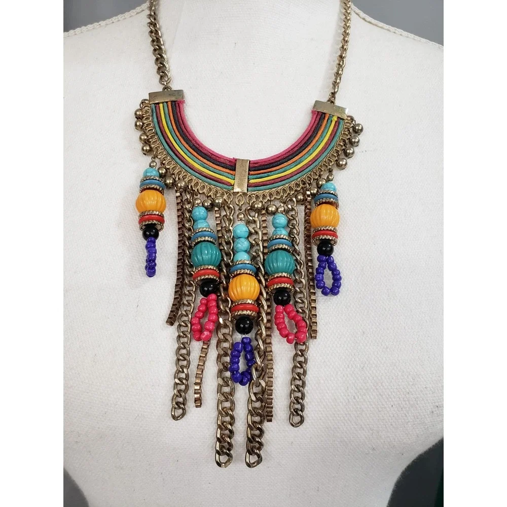 TRIBAL FASHION NECKLACE BIB STATEMENT RAINBOW CRESCENT MOON HIPPIE NECKLACE BOHO
